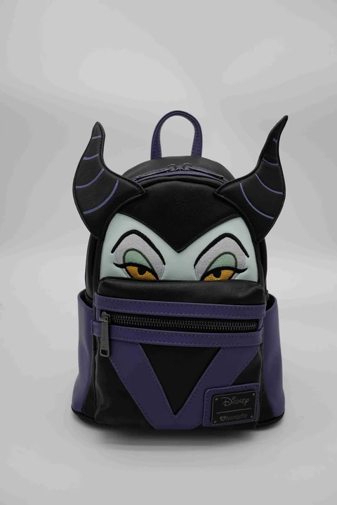 Disney Maleficent Black and Purple Horn-Shaped Backpack with Sculpted Face Panel, Side Wings and Printed Lining