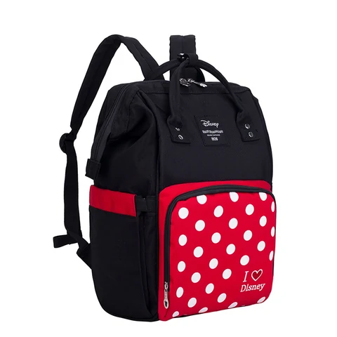 Disney Black and Red Polka-Dot Backpack with Zip Top, Twin Handles, Front Zip Pocket, Side Pockets and Back Straps