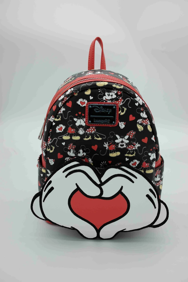 Disney Mickey Black and Red Character Backpack with Heart-Shaped Hand Artwork, Side Pocket and Printed Interior · view 1