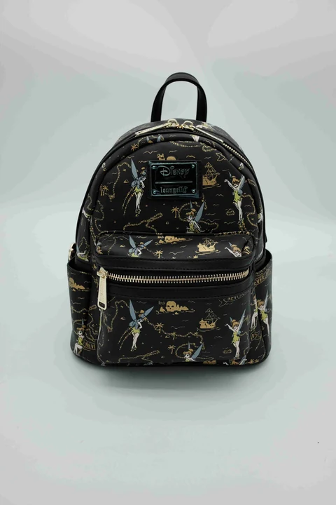 Disney Tinker Bell Black Allover-Print Backpack with Gold-Tone Trim, Front Zip Pocket and Printed Interior