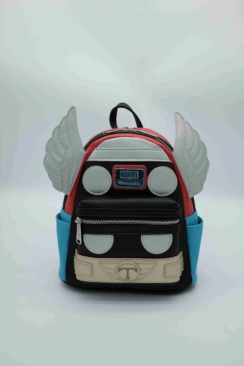 Marvel Red, Black and Blue Winged-Helmet Backpack with Round Eye Panels, Front Zip Pocket and Printed Interior