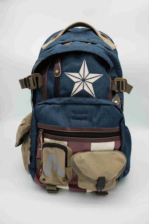 Marvel Captain America Blue Utility Backpack with White Star Panel, Layered Front Pockets and Padded Back Straps