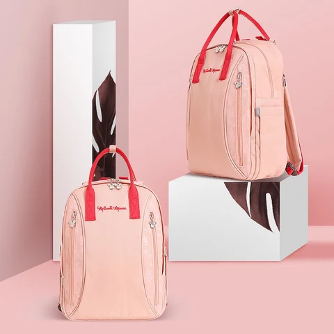 Pink Minnie Lettered Diaper Backpack with Twin handles and Front zip pocket