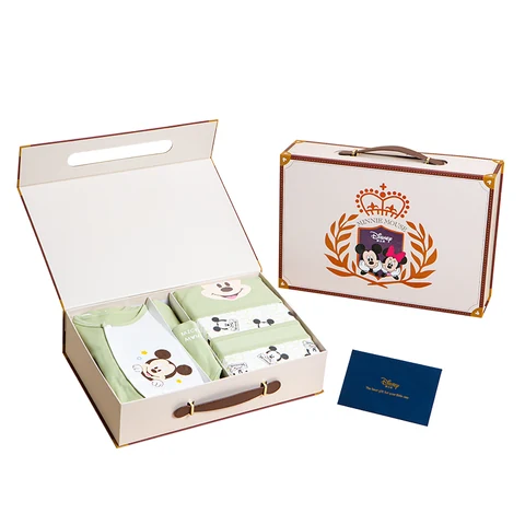 Disney Mickey Green Baby Clothing Gift Set with Cream Handled Presentation Case and Coordinated Textile Pieces