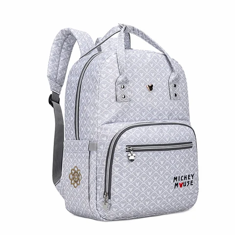 Disney Gray Mickey-Head Lattice Zip-Top Backpack with Twin Handles, Two Front Zip Compartments and Side Pockets
