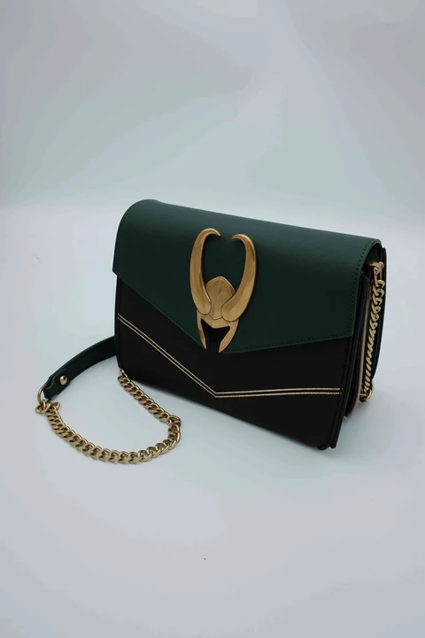 Marvel Loki Green and Black Crossbody Bag with Circular Helmet Emblem, Chain-Detail Strap and Zip-Top Body