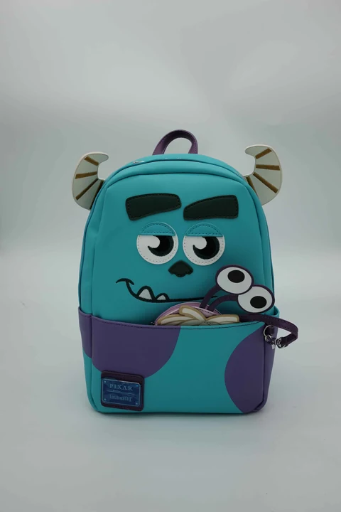 Disney Pixar Sulley Blue Character Backpack with Horn Panels, Purple Spot Details, Front Pocket and Printed Interior