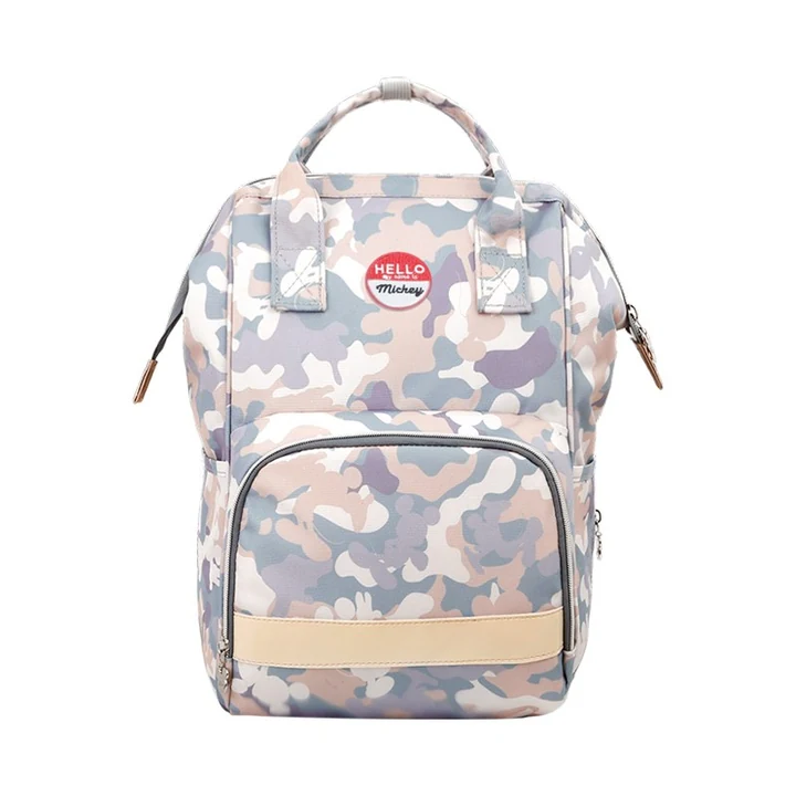 Pale-Camouflage Frame-Opening Backpack with Twin Handles, Rounded Front Pocket, Side Pockets and Rear Shoulder Straps · view 1