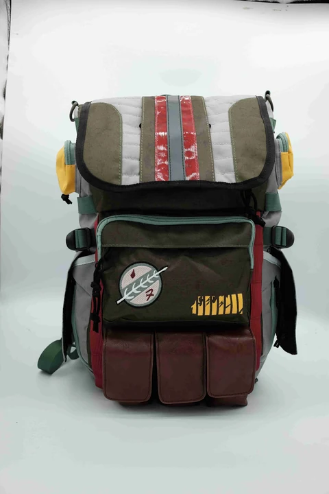 Disney Star Wars Green, Gray and Brown Utility Backpack with Striped Flap, Layered Front Pockets and Side Patch