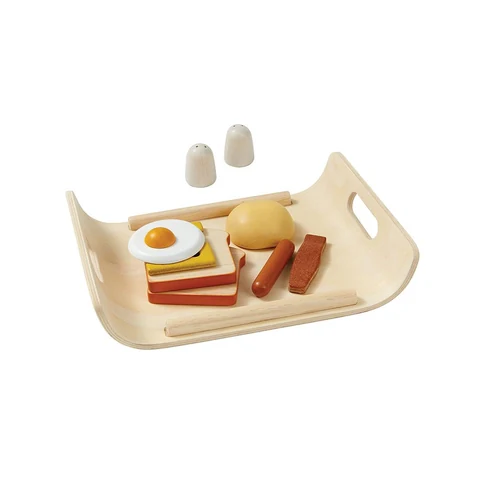 PlanToys Breakfast Menu, Two bread slices and a bun, Assorted breakfast play food, Salt, pepper and tray accessories