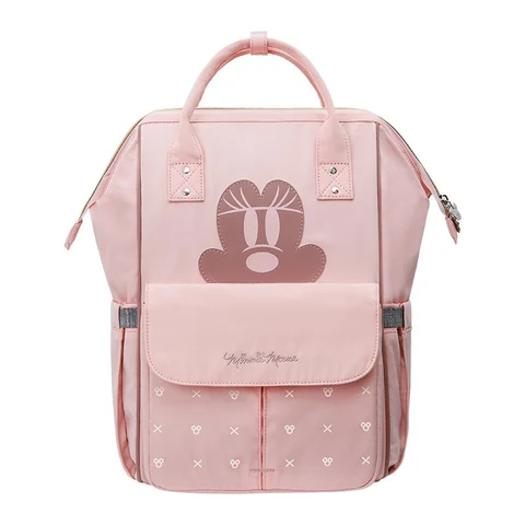 Pink Minnie Diaper Backpack with Zip-top opening, Twin handles, Side pockets and Front flap pocket