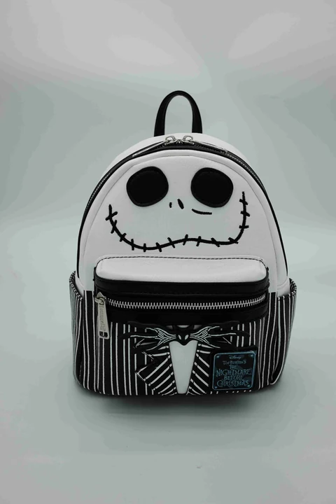 Disney The Nightmare Before Christmas Jack Skellington Face Backpack with Bat Bow Detail and Striped Interior