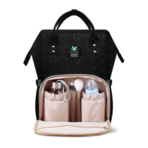 Disney Black Mickey-Head Print Diaper Backpack with Zip Top, Twin Handles, Front Zip Compartment and Side Pockets