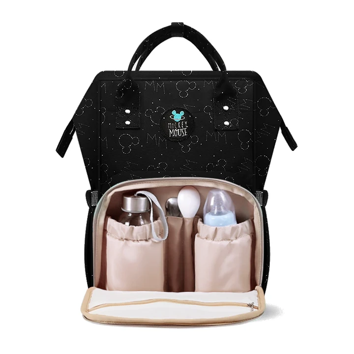 Disney Black Mickey-Head Print Diaper Backpack with Zip Top, Twin Handles, Front Zip Compartment and Side Pockets · view 1