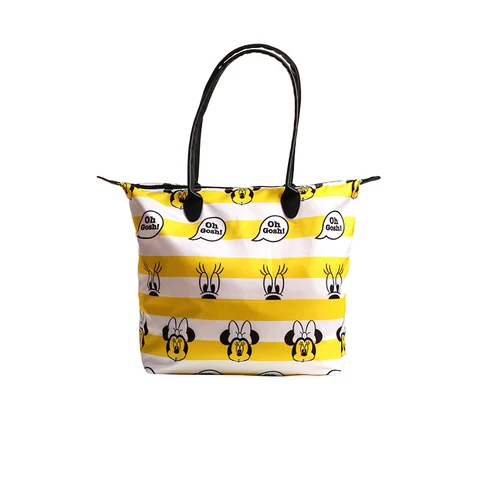 Disney Minnie Zip-Top Shoulder Tote with Long Twin Handles and Two Pink Bow or Yellow Stripe Printed Designs