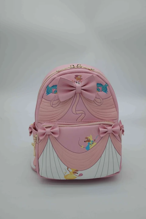 Disney Cinderella Pink Backpack with Bow Accents, Draped Gown-Panel Print, Front Zip Pocket and Aqua Printed Interior