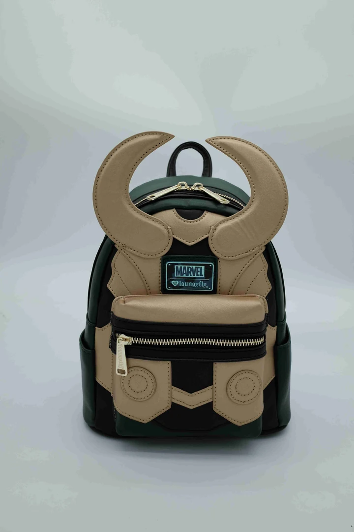 Marvel Loki Green and Tan Utility Backpack with Oversize Horn Frame, Stacked Front Pockets and Printed Lining · view 1