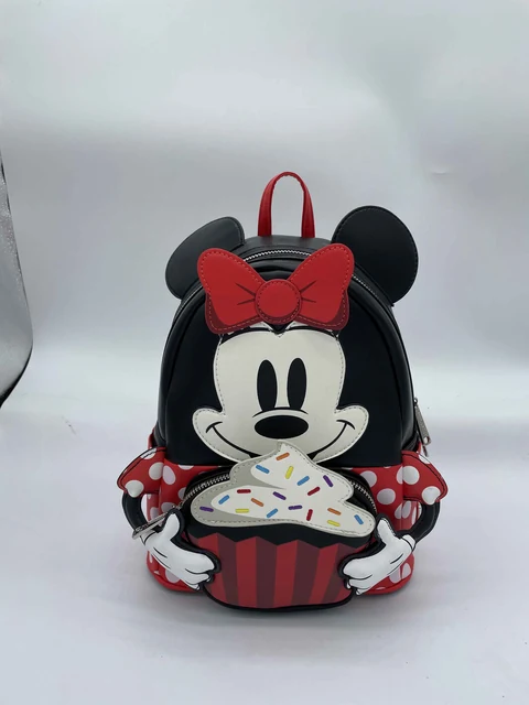 Disney Minnie Black and Red Cupcake-Shaped Backpack with Ear Panels, Bow Top, Polka-Dot Sides and Printed Interior