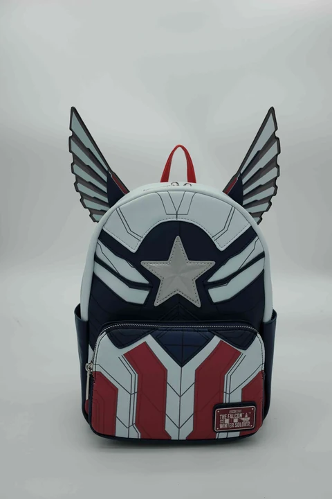 Marvel Falcon Captain America Red, White and Blue Wing Backpack with Shield Front and Printed Interior