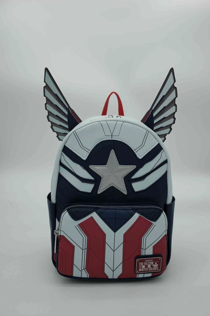 Mochila Marvel alada roja, blanca y azul de Capitán América Falcon con escudo e interior estampado · vista 1