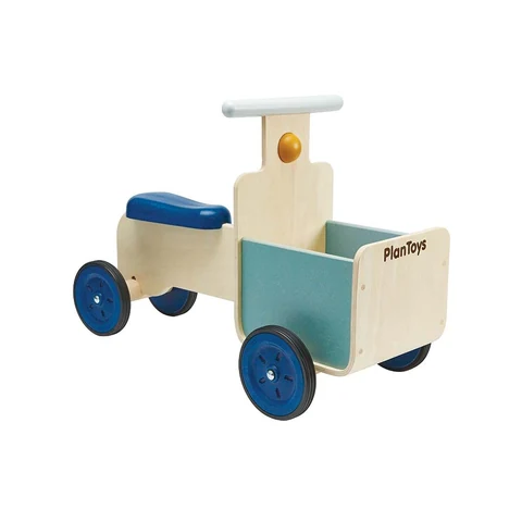 PlanToys Delivery Bike - Orchard, Front storage container, Chalk-friendly container sides, Rubber-tread wheels and sound button