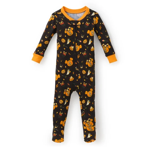 Disney Mickey and Minnie Halloween Baby Footed Sleeper with Pumpkin Print, Front Zip and Neck Snap Tab