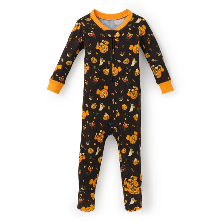 Disney Mickey and Minnie Halloween Baby Footed Sleeper with Pumpkin Print, Front Zip and Neck Snap Tab · view 1