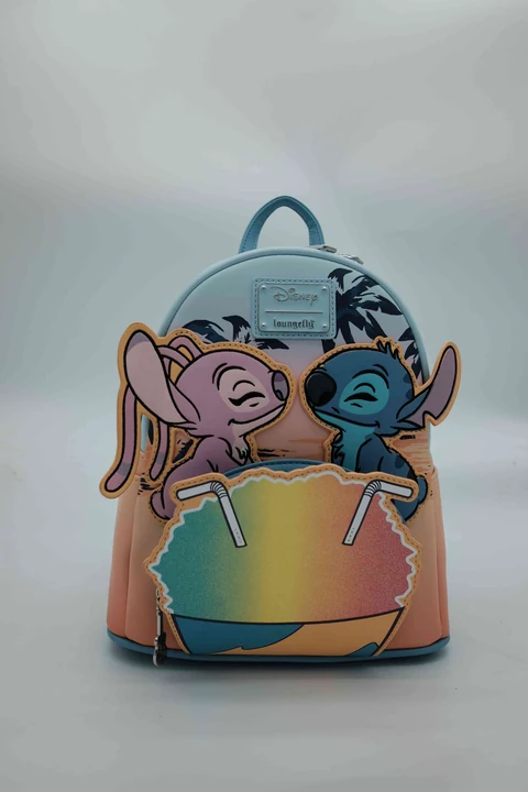 Disney Stitch and Angel Blue and Pink Character Backpack with Ice-Cream Front Scene, Side Artwork and Printed Interior