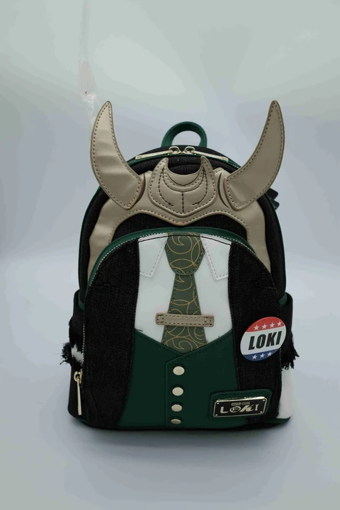 Marvel Loki Black and Green Horn Backpack with Jacket-Style Front, Textured Side Panels and Green Printed Interior