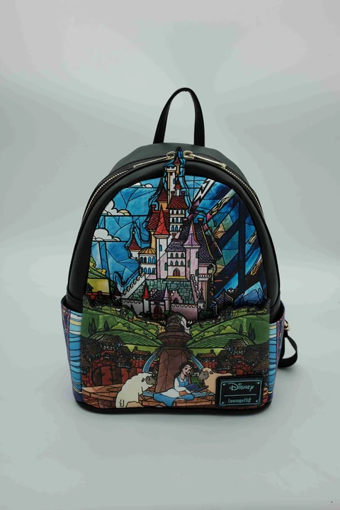 Disney Beauty and the Beast Black Allover-Print Backpack with Castle Scene, Side Character Panels and Blue Interior