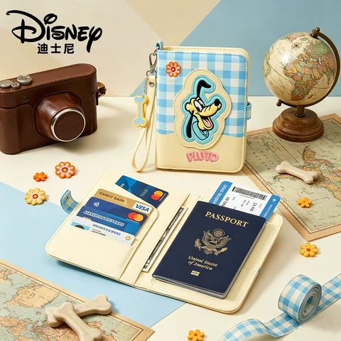 Disney Pluto Blue-Gingham Passport Holder with Embroidered Character Patch, Wrist Strap and Multi-Slot Travel Interior