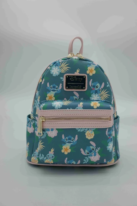 Disney Stitch Light Blue Floral-Print Backpack with Front Zip Pocket, Side Panels, Top Handle and Printed Interior