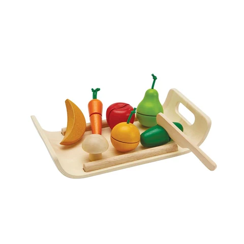 PlanToys Assorted Fruit & Vegetable, Mixed fruit and vegetable theme, Sliceable play pieces, Includes toy knife and tray