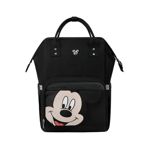 Black Mickey Face Diaper Backpack with Zip-top opening, Twin handles, Side pockets and Front zip pocket