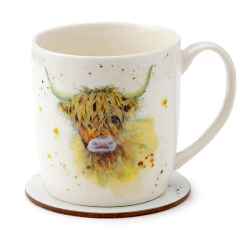 Jan Pashley Highland Coo Porcelain Mug and Coaster Set