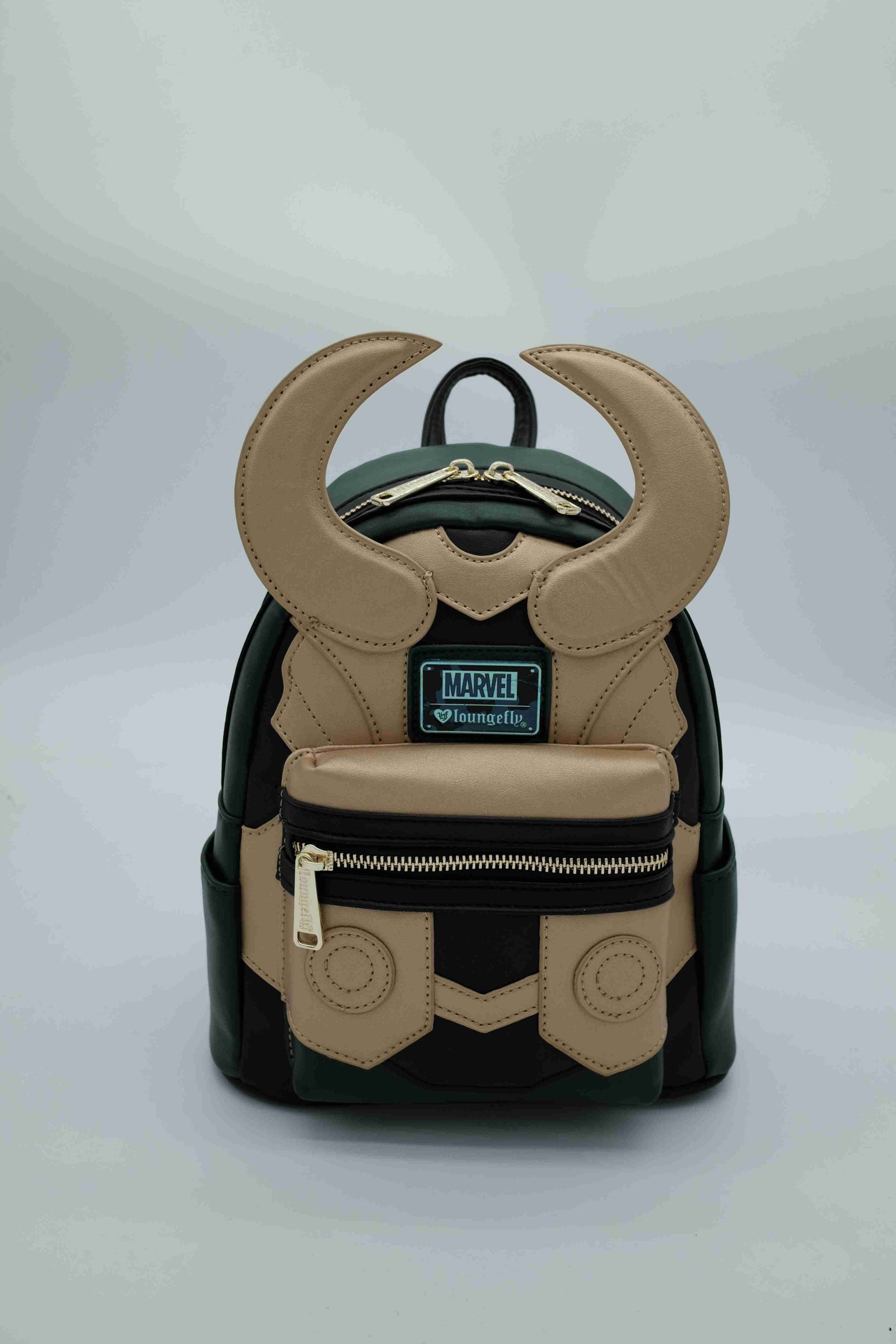 Marvel Loki Green and Tan Utility Backpack with Oversize Horn Frame, Stacked Front Pockets and Printed Lining · enlarged view 1