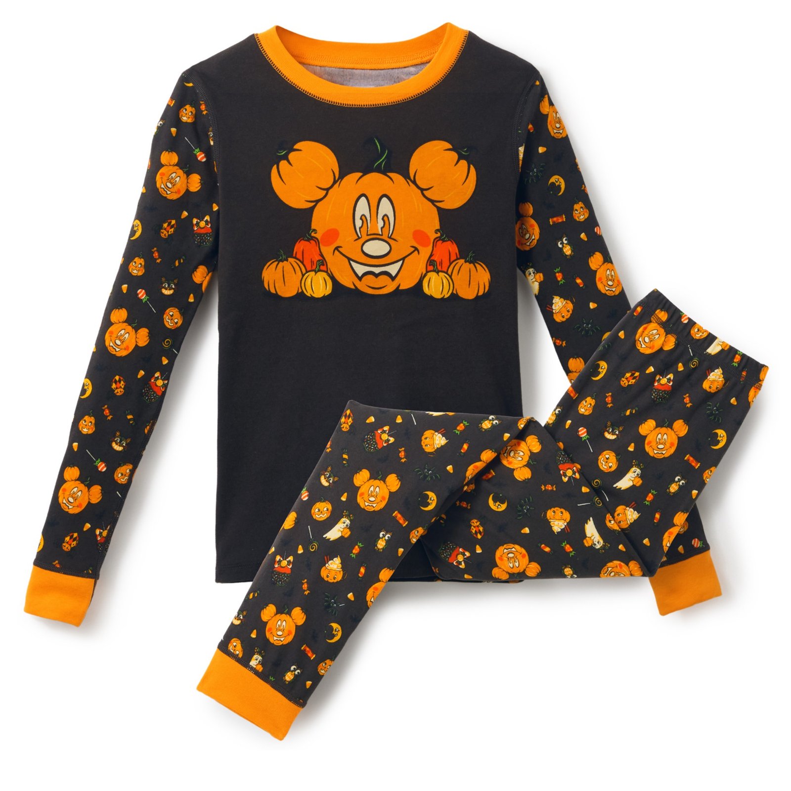 Pijama infantil Disney Mickey calabaza de dos piezas con camiseta de manga larga, pantalón estampado y bordes naranjas · vista ampliada 1